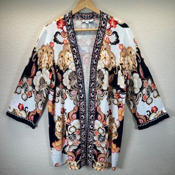 Chicos 2 Linen Blend Floral Fringe Long Cardigan Women's US L Lagenlook Boho - Picture 4 of 16